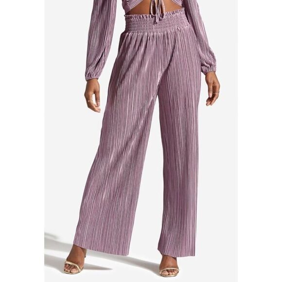 NWT Idem Ditto High Waisted Pleated Satin Palazzo Pants Wide Leg, Size L Orchid - Picture 1 of 10